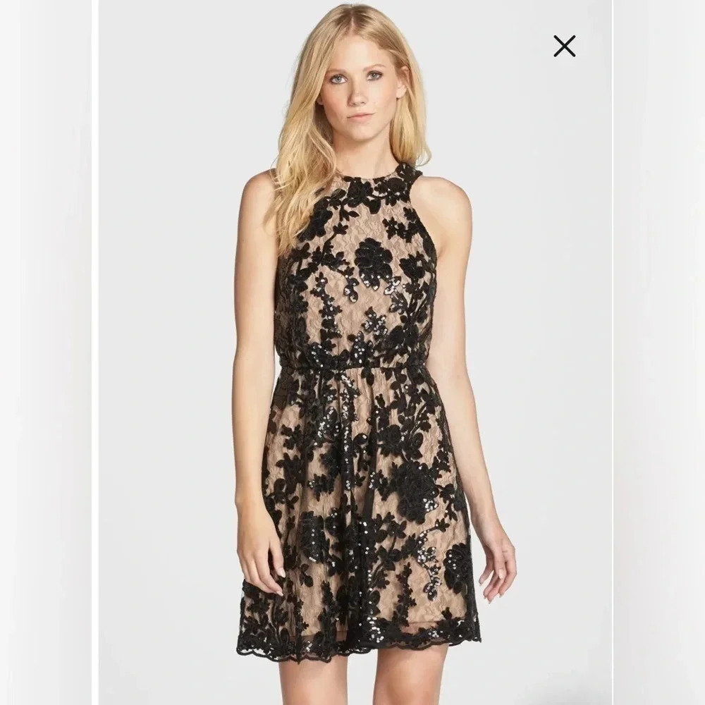 Dress The Population | Hannah Nude/Black Lace Sequins Floral Women’s Size S